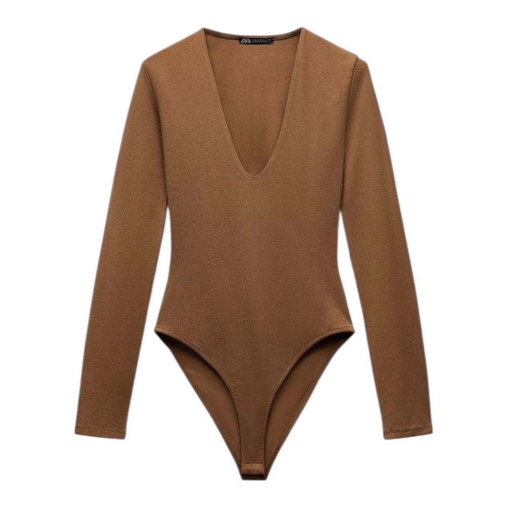 NWT Zara V-neck Bodysuit Brown Tan M Long Sleeve Deep V Neutral Basic Normcore